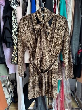 Zara Leopard Print Tie-Neck belted Dress SMALL